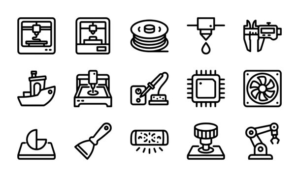 3D Printing Icons Set, Manufacturing Technology, Industrial Design, Engineering Tools, Vector Graphics