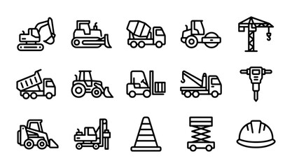 Construction Equipment Icons, Heavy Machinery Vector Set, Building Industry Symbols, Industrial Vehicles © Designhoost Ltd