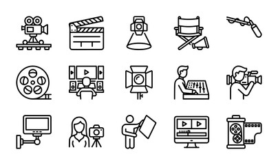 Fototapeta premium Film Production Icons Set, Cinema Equipment Vector Graphics, Movie Making Symbols Collection