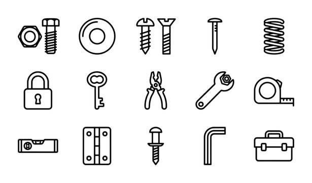 Hardware Icons Set, Metal Fasteners, Tools, DIY, Construction, Engineering, Vector Graphics