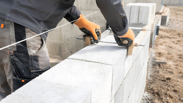 Mason Aligning Aerated Concrete Block Wall