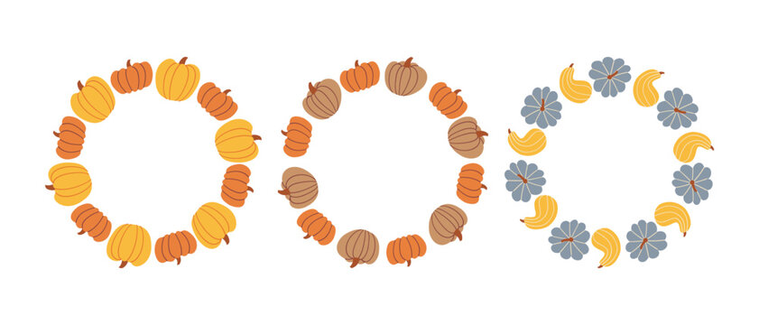 Autumn pumpkin wreath frame vector set for thanksgiving design, minimalist round harvest element borders