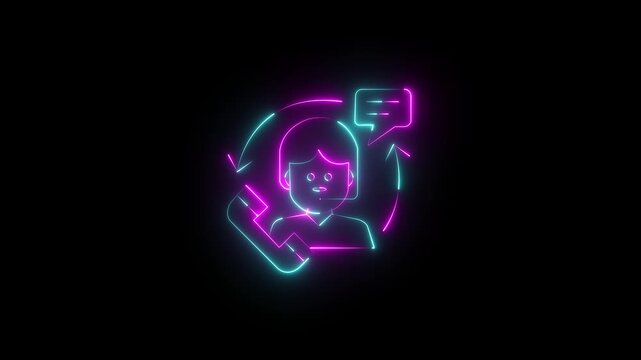 Glowing neon customer support icon animation isolated on a black background. Seamless looping icon featuring a support agent with a phone, speech bubble, and circular arrows
