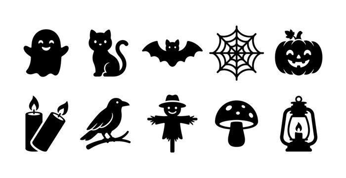 Halloween silhouette icons set with ghost cat bat web pumpkin candle bird and scarecrow.