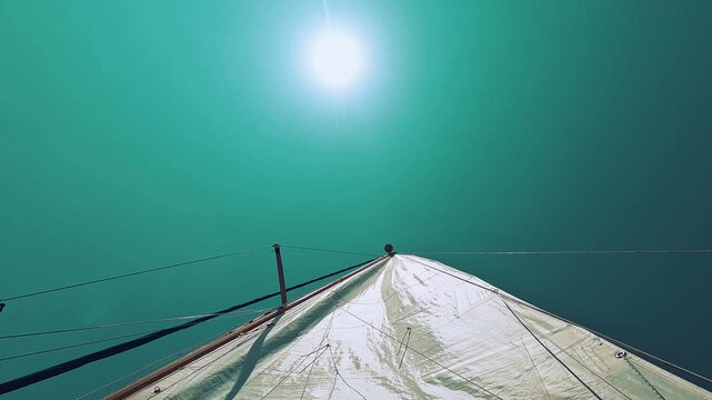 V&iacute;deo grabado desde la cubierta de un velero mirando hacia arriba, con la vela blanca, el m&aacute;stil y el sol brillante sobre un cielo despejado. La escena transmite navegaci&oacute;n, verano, libertad y ambient