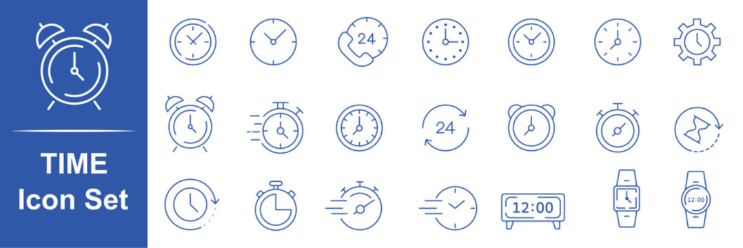 Timer, watch, speed, alarm clock. Clock and Time linear icons set. Time and clock icons in line style. alarm hourglass stop watch calendar worldwide time zone. Editable line icons. 