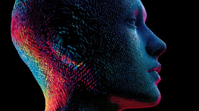 Abstract portrait of a human head illuminated with vibrant neon colors, showcasing futuristic technology and digital art concepts