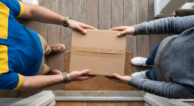 Courier and recipient hands holding cardboard delivery box at front door of house while making successful home shipping task.