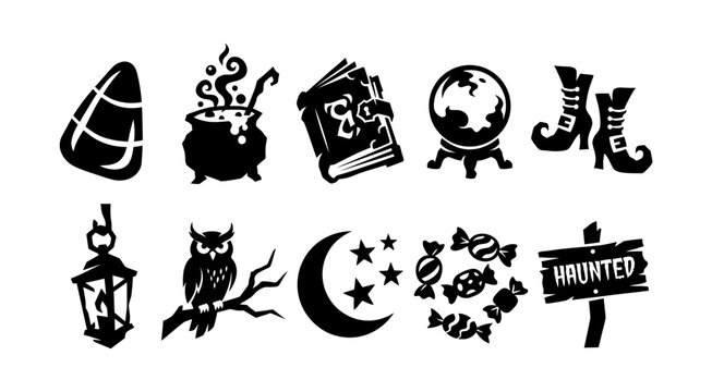 Set of halloween spooky black icons including candy corn cauldron book and crystal ball.