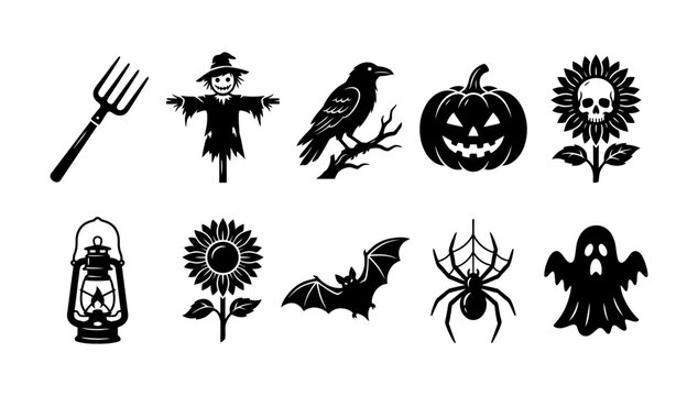 Set of halloween black icons including pitchfork scarecrow raven pumpkin and sunflower.