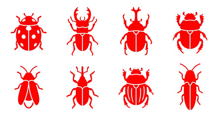 Set of eight red insect icons: ladybug, stag beetle, rhinoceros beetle, scarab beetle, and others. © adakami.art