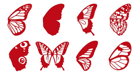 Collection of Red Butterfly Wings Silhouettes Isolated on White Background © adakami.art