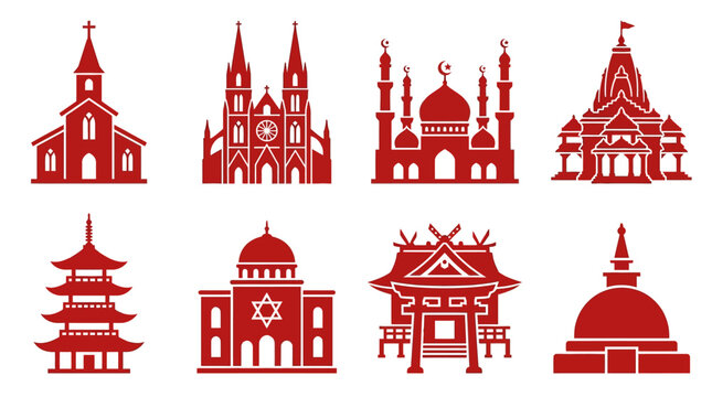 Collection of Diverse Religious Building Icons: Church, Mosque, Temple, Pagoda, Synagogue