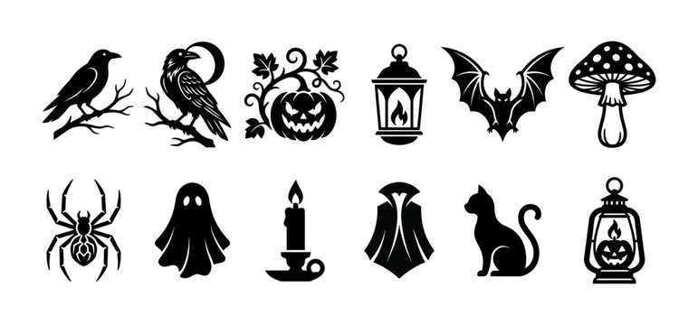 Halloween icons set crow pumpkin candle bat mushroom spider ghost cat lantern spooky elements.