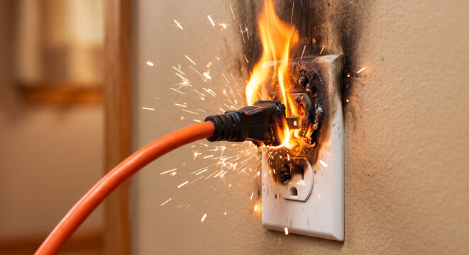 Electrical outlet sparks fire on wall danger hazard short circuit electricity overload damaged plug danger sparks.