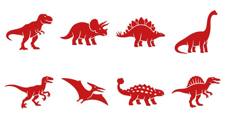 Set of Red Dinosaur Silhouettes on White Background © adakami.art