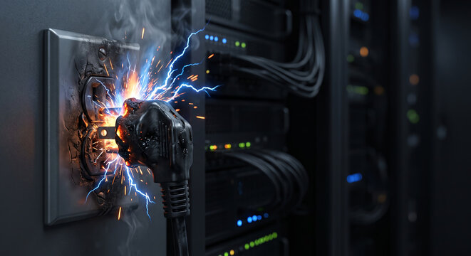 Electrical short circuit causing melting plug and dangerous sparks inside industrial server room data center.