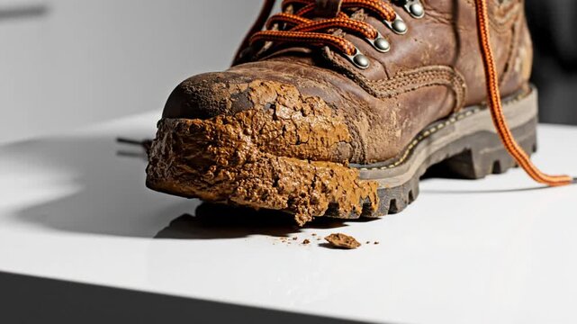 Close-up of a dirty brown work boot covered in mud, resting on a white surface with a shadow