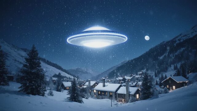 Aerial view of snow-covered ski resort with flying disc