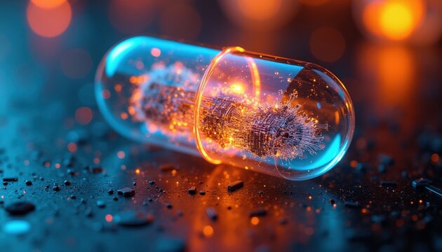 Futuristic pill contains microscopic digital circuits and glowing particles. Advanced nanotech medicine concept. Digital drug delivery system. Smart capsule design.