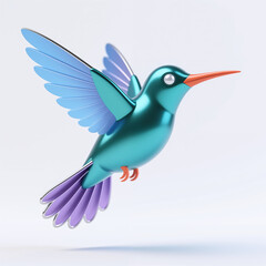 Obraz premium A stylized hummingbird illustration with shiny teal body, orange beak, and blue-purple wings, symbolizing freedom and beauty, against a clean white background.