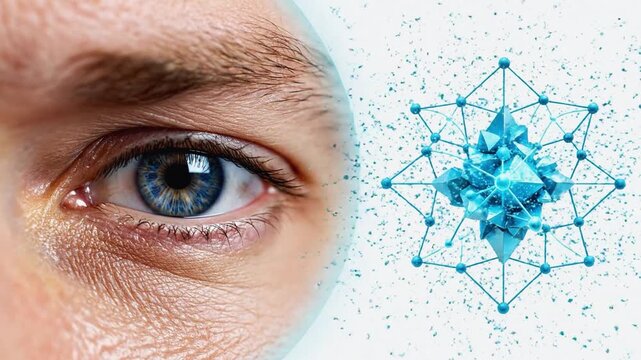 Biometric scanning of a middle-aged Caucasian man with fair skin and blue eye features futuristic digital overlays.