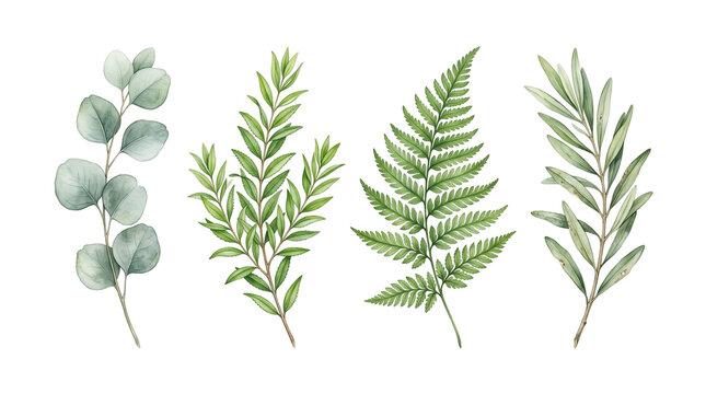 Watercolor illustrations of green leaves and branches isolated on transparent background