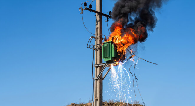 Transformer explosion on utility pole with intense fire and black smoke against clear blue sky background.