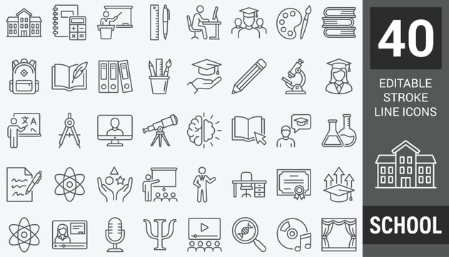School web icons in line style. Education, knowledge, teacher, class room, study, language, collection. Vector illustration.
