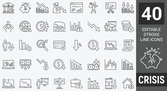 Crisis web icon set in line style. Decrease, recession, collapse, layoff, panic, job fired, pay cuts, low cost, collection. Editable stroke. Vector illustration.