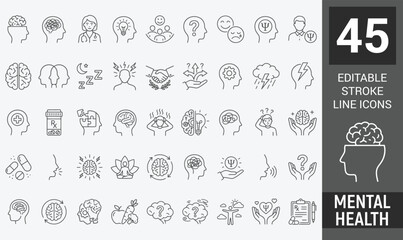 Mental health web icons in line style. Depression, psychotherapy, psychological, bipolar, negative thinking, obsession, collection. Editable stroke. Vector illustration. © Zilkasun
