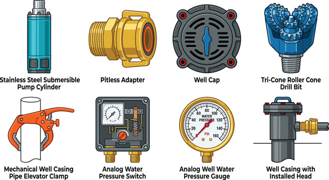Industrial Water Well Drilling and Pump Equipment Icon Set with Submersible Cylinder Bit Adapter Cap Pressure Gauge and Casing Switch