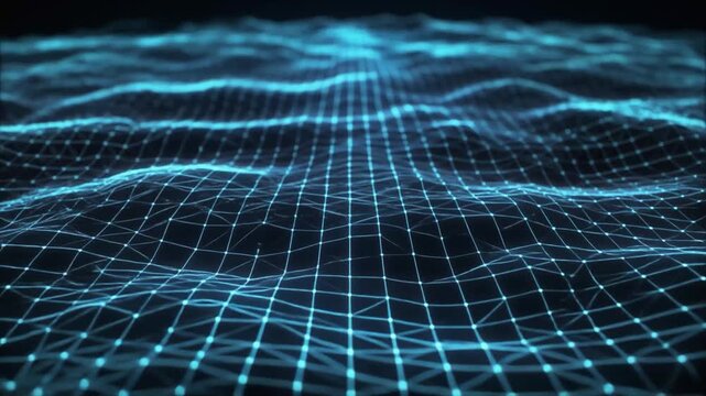 Digital Network Grid with Glowing Blue Nodes and Lines Forming a Wavy Landscape on Black Background