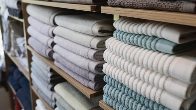 Neatly folded ribbed textiles fill wooden shelves inside calm fabric shop, with cream, gray, beige, blue, and lavender tones under warm natural side light