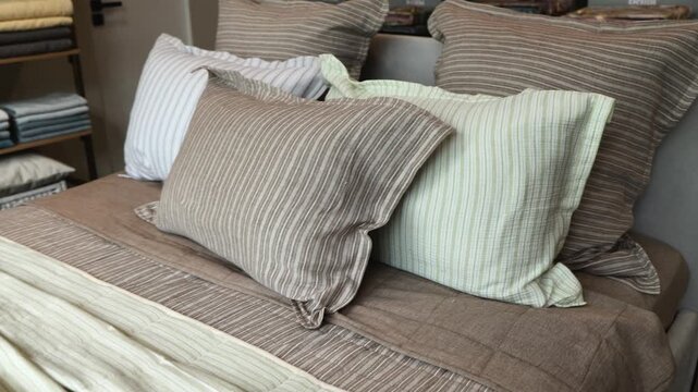 Layered striped pillows and folded fabric rest on low seating inside warm retail interior, with shelves of neatly stacked textiles in background, soft ambient light, muted beige, gray, cream, and