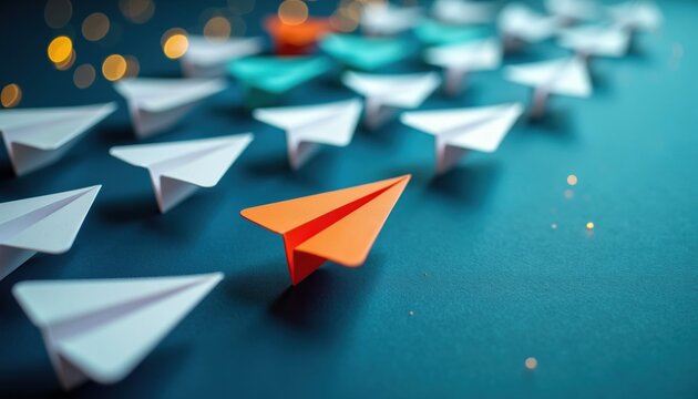 Orange paper plane leads group of white planes in a different direction. Abstract concept of individuality and unique ideas against conformity. Team goes one way, one plane chooses another.