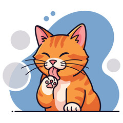 Fototapeta premium Orange tabby cat licking paw on abstract blue backdrop. non editable strokes