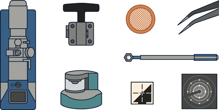 Scientific Transmission Electron Microscope Laboratory Equipment Icon Set with Sample Preparation Tools Grid Tweezers and Diffraction Pattern