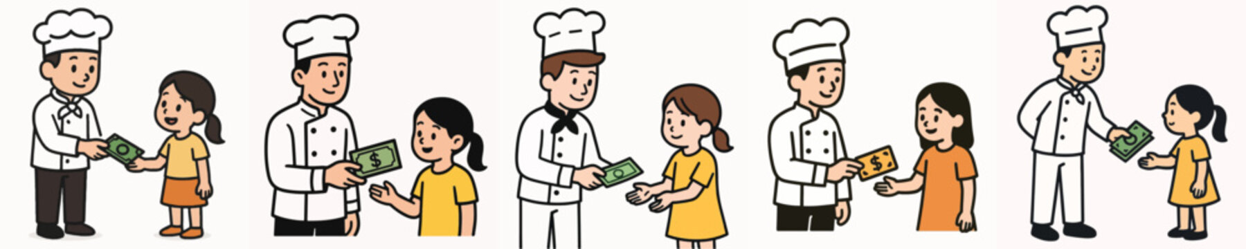 A set of vector illustrations showing a chef giving money to a small child.