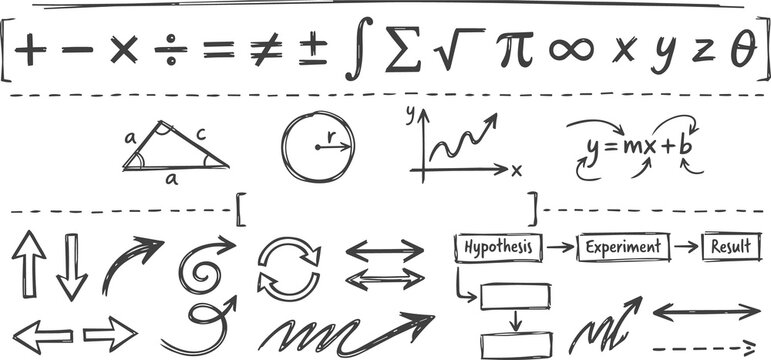 Transparent Hand Drawn Math Symbols, Science Flowchart and Arrows Doodle  Set
