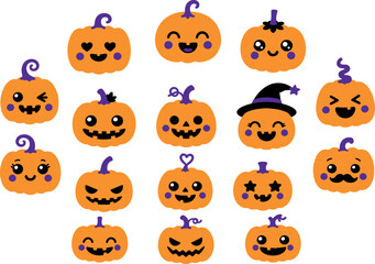 Naklejka premium Kawaii Halloween Pumpkin Face Emojis Set, Cute Jack-o'-Lantern Character Vector Collection with Diverse Expressions and Witch Hat, Festive Orange Autumn Harvest Graphics for Spooky Design