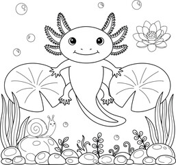 Fototapeta premium Cute axolotl swimming in a pond for coloring page