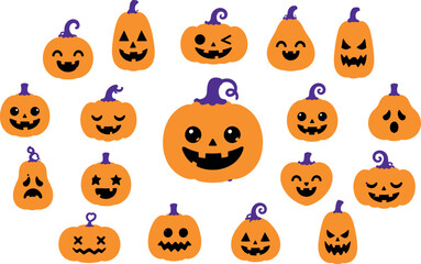 Fototapeta premium Collection of cute and spooky Halloween pumpkin emoticons with various facial expressions, perfect for festive decorations, greeting cards, and autumn holiday vector design projects.