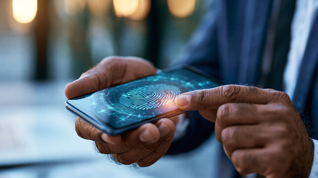 Faceless businessman using a smartphone for biometric two step authentication vivid glowing interface business technology security concept password privacy with copy space
