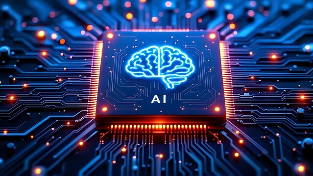 Artificial intelligence concept with a glowing brain on a computer processor chip circuit board