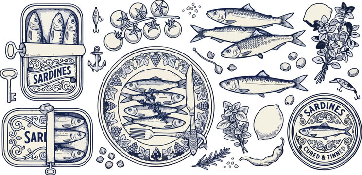 Sardines. Canned fish. Retro hand drawn marine food, Italian seafood, Mediterranean sardines with vegetables, tomato, lemon. Sprats in package, tin, plate. Vector set