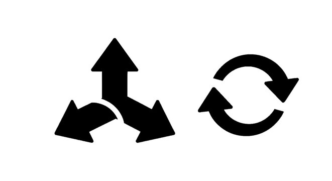 Minimal black silhouette icon, simple flat vector, bold black shape, no gradients, no shading diverging arrows and circular refresh icon on a, flat icon style