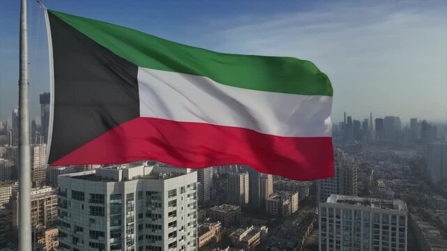 Kuwait flag waving majestically on a flagpole against a backdrop of a modern city skyline under a clear blue sky