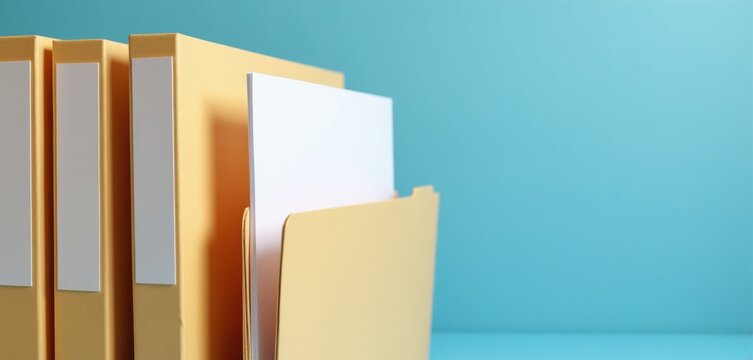 Yellow file folders sit neatly organized on blue desk with blank white inserts. Documents organized for business records. Copy space available.