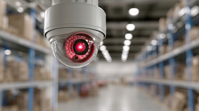 Modern security camera monitoring a large warehouse with shelves full of boxes, ensuring safety and inventory protection